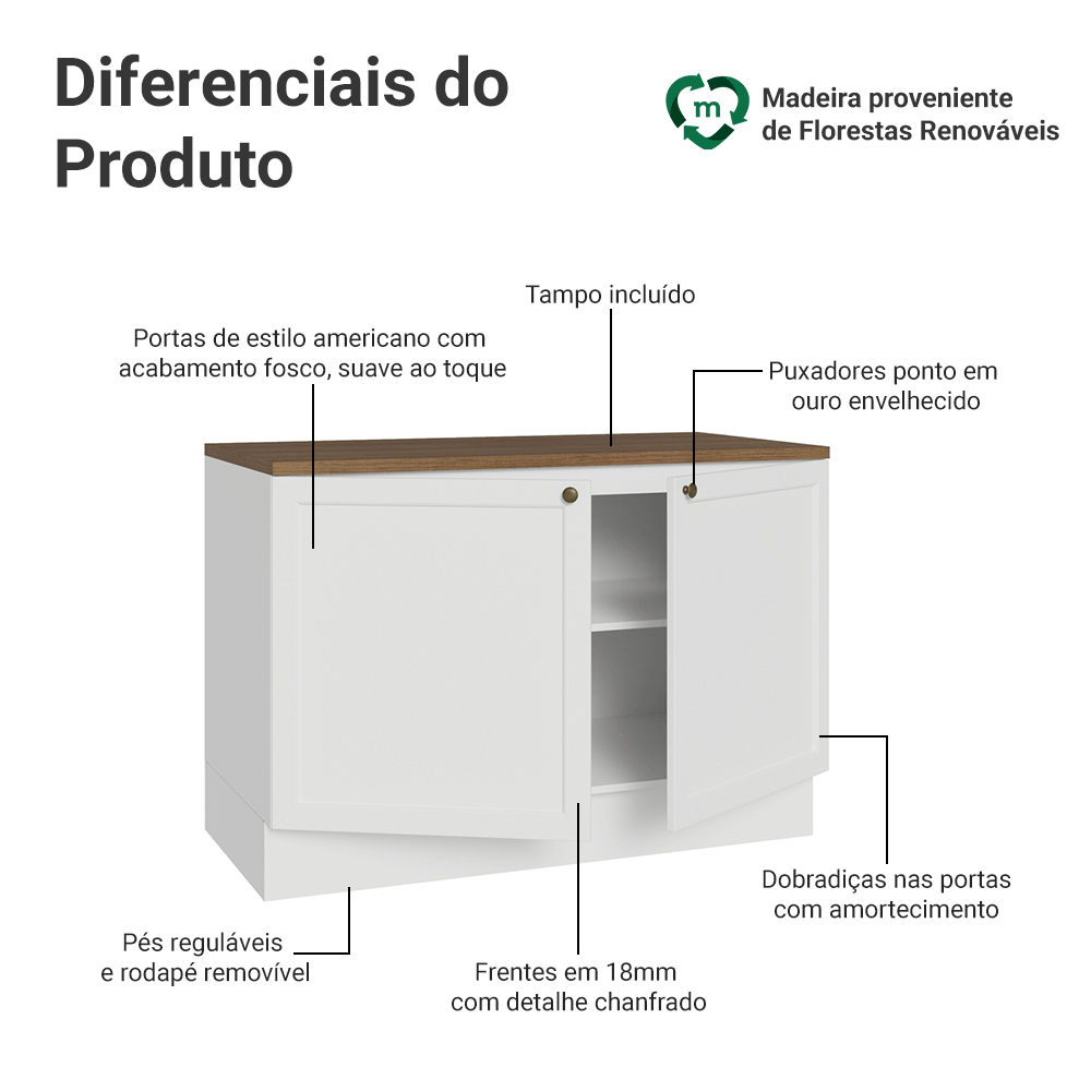 Balcão de Cozinha 120 x 60 cm 2 Portas (Com Tampo) Branco/Rustic Vik Madesa