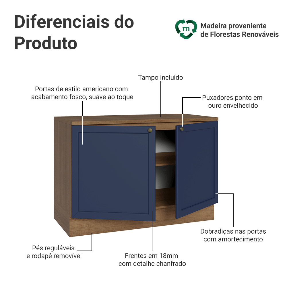 Balcão de Cozinha 120 x 60 cm 2 Portas (Com Tampo) Rustic/Azul Vik Madesa
