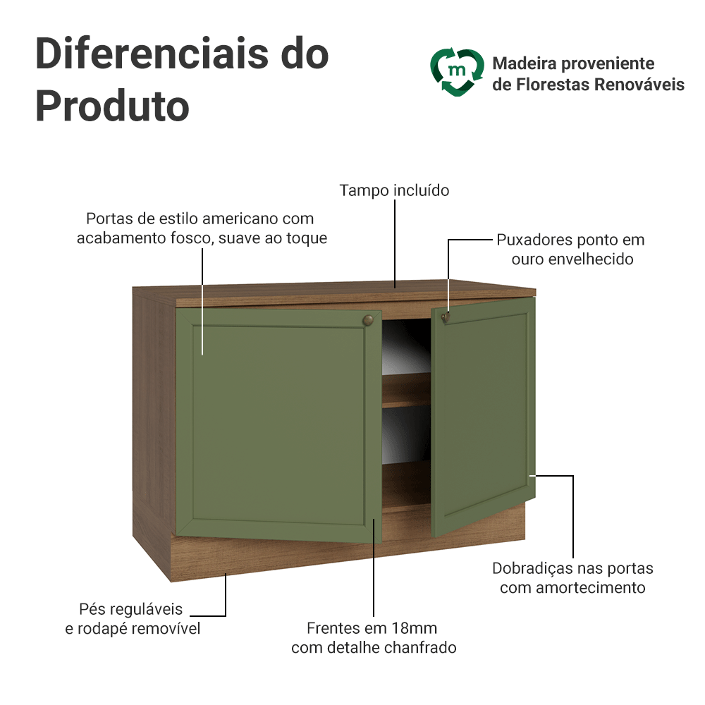 Balcão de Cozinha 120 x 60 cm 2 Portas (Com Tampo) Rustic/Verde Vik Madesa