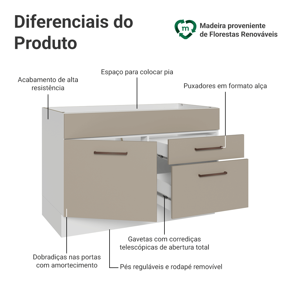 Balcão Gabinete de Pia 120 x 60 cm 1 Porta 2 Gavetas Branco/Crema (Sem Tampo) Agata Madesa