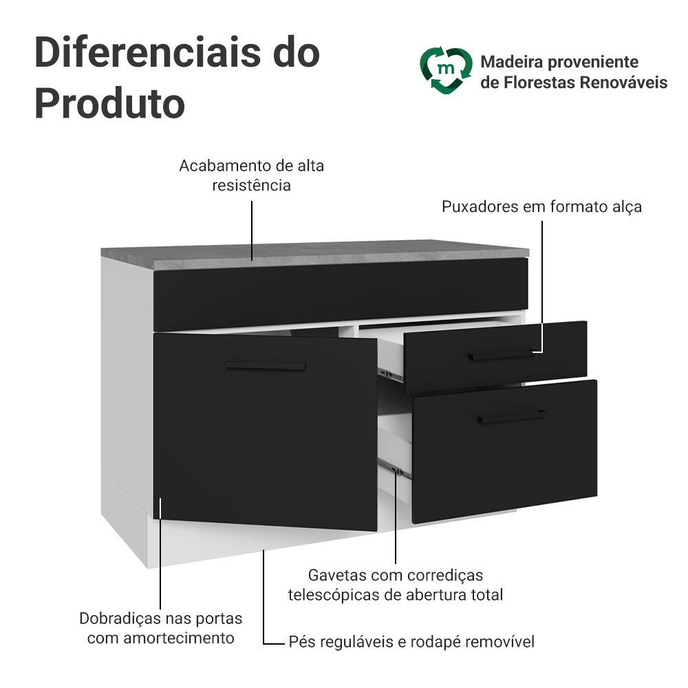 Balcão Gabinete 120 x 60 cm 1 Porta 2 Gavetas Branco/Preto (Com Tampo) Agata Madesa