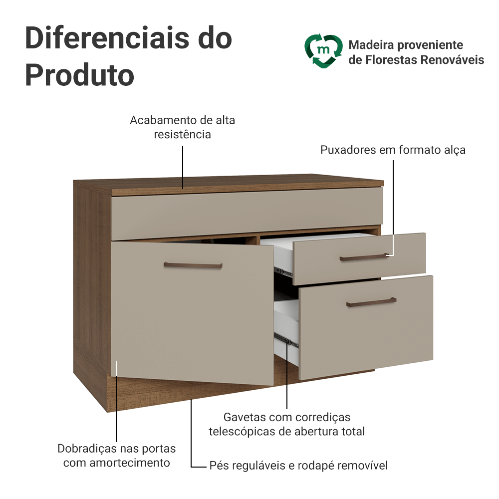 Balcão Gabinete 120 x 60 cm 1 Porta 2 Gavetas Rustic/Crema (Com Tampo) Agata Madesa