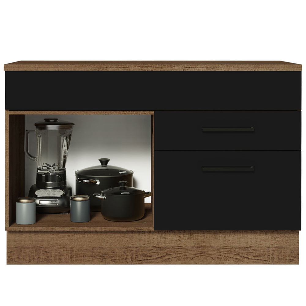 Balcão Gabinete 120 x 60 cm 1 Porta 2 Gavetas Rustic/Preto (Com Tampo) Agata Madesa