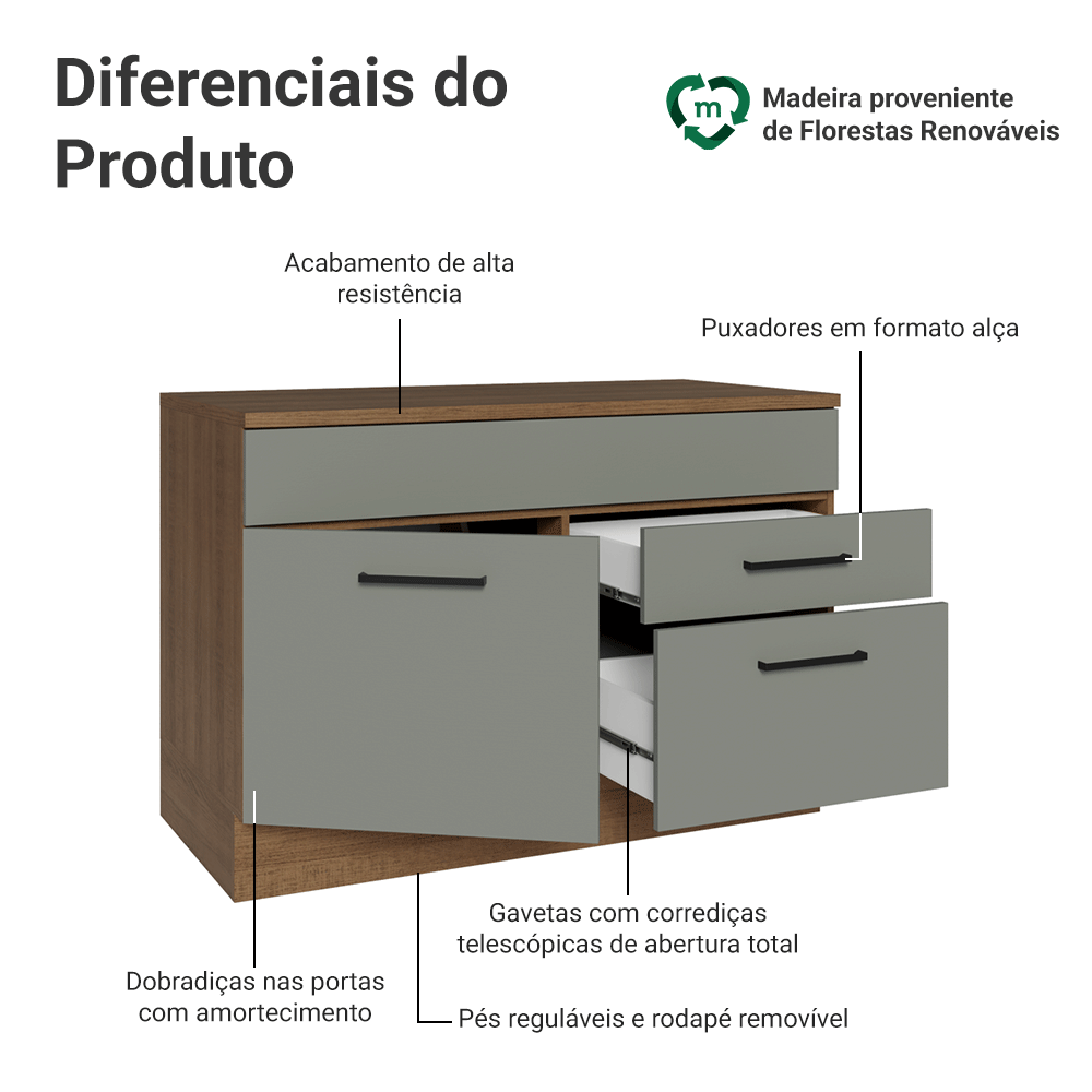 Balcão Gabinete 120 x 60 cm 1 Porta 2 Gavetas Rustic/Cinza (Com Tampo) Agata Madesa