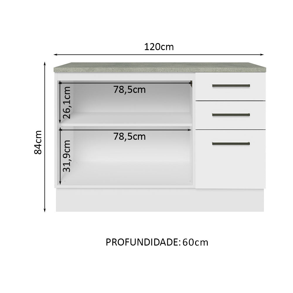 Balcão Cozinha 120 x 60 cm 2 Portas e 3 Gavetas (Com Tampo) Branco Agata Madesa