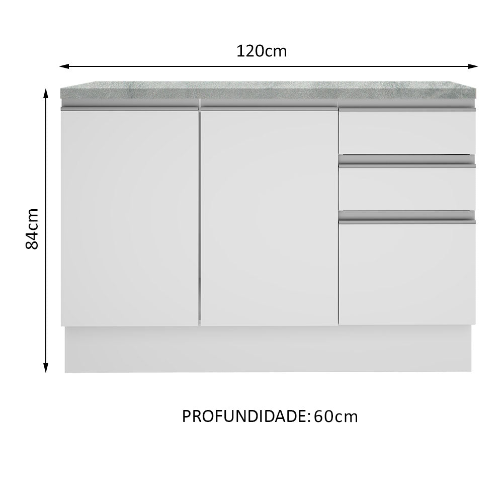Balcão Cozinha 120 x 60 cm 2 Portas e 3 Gavetas (Com Tampo) Branco Glamy Madesa