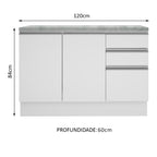 Balcão Cozinha 120 x 60 cm 2 Portas e 3 Gavetas (Com Tampo) Branco Glamy Madesa