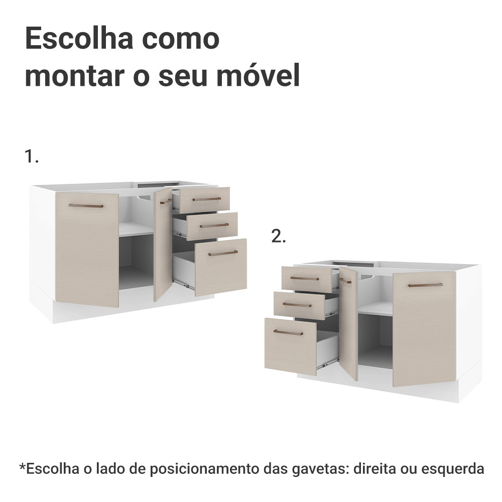 Balcão Gabinete de Pia 120 x 60 cm 2 Portas e 3 Gavetas (Sem Tampo) Branco/Crema Agata Madesa