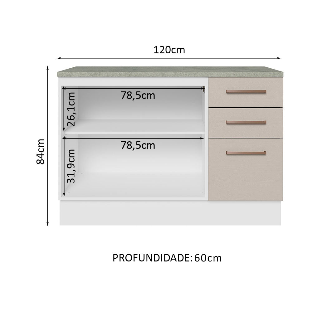 Balcão Cozinha 120 x 60 cm 2 Portas e 3 Gavetas (Com Tampo) Branco/Crema Agata Madesa