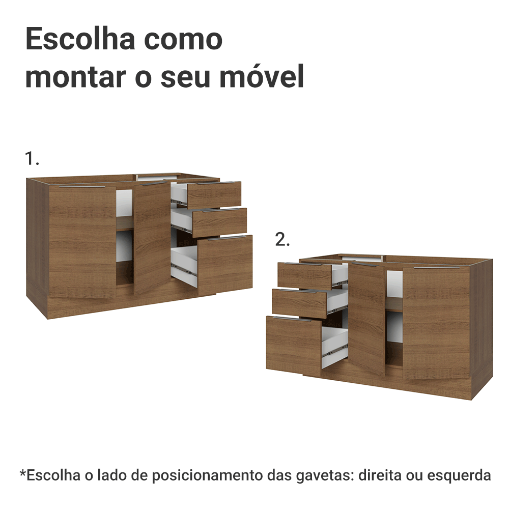 Balcão Gabinete de Pia Madesa Stella 120 x 60 cm 2 Portas e 3 Gavetas (Sem Tampo) Rustic