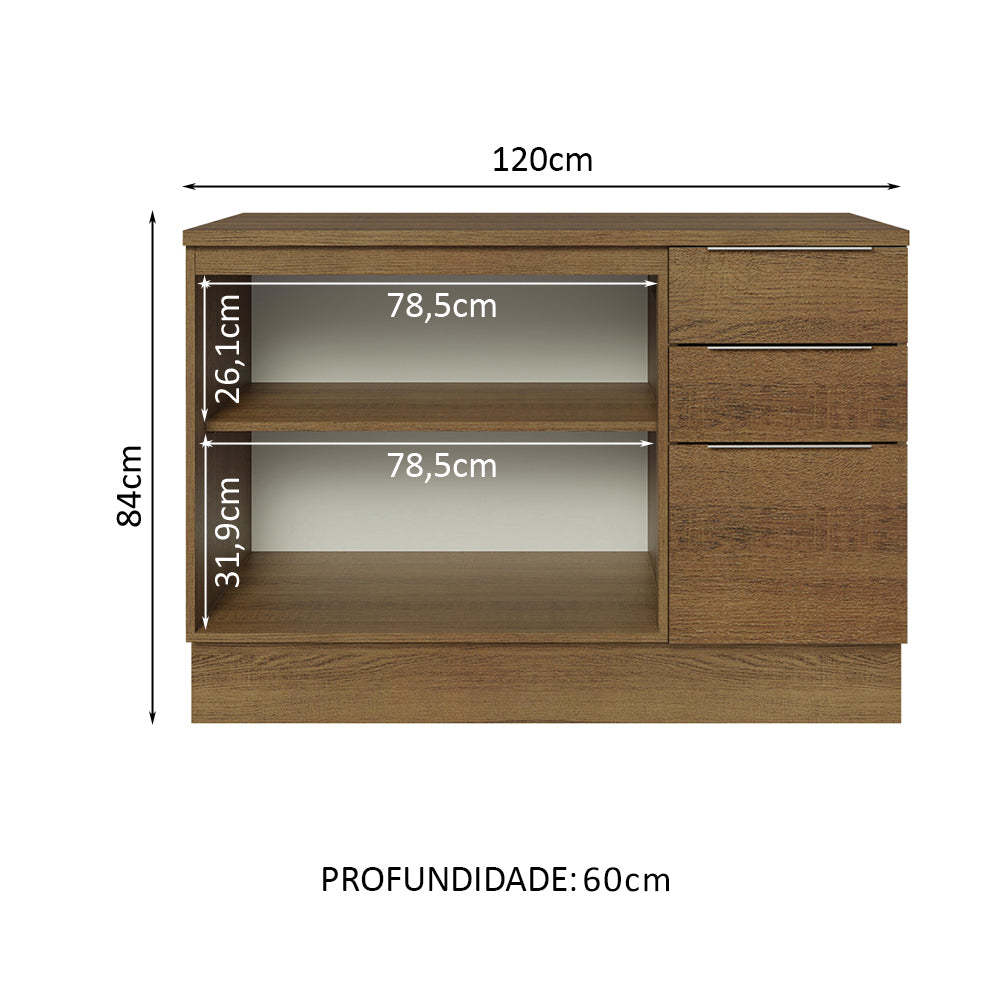 Balcão Cozinha 120 x 60 cm 2 Portas e 3 Gavetas (Com Tampo) Rustic Stella Madesa