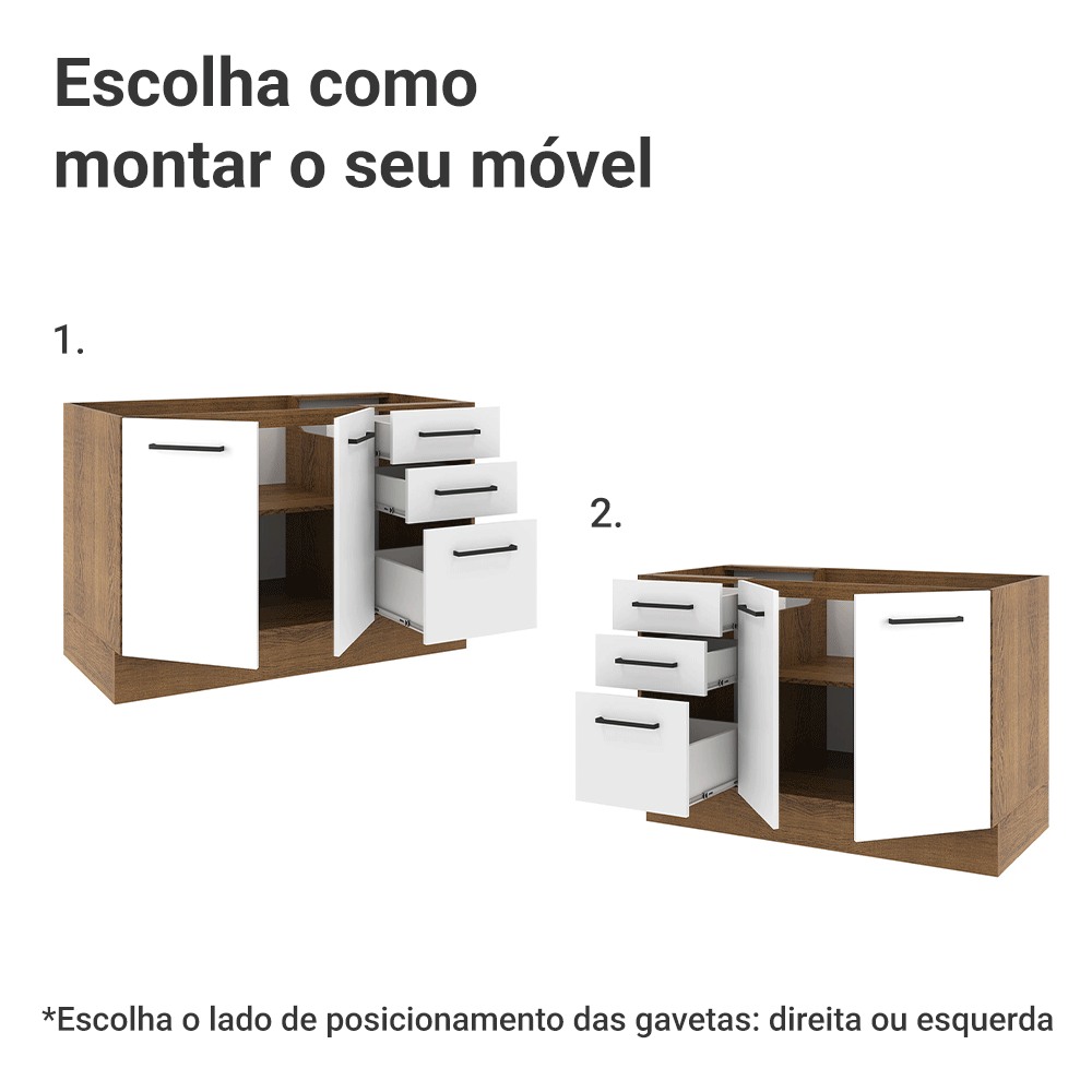 Balcão Gabinete de Pia Madesa Agata 120 x 60 cm 2 Portas e 3 Gavetas (Sem Tampo) Rustic/Branco