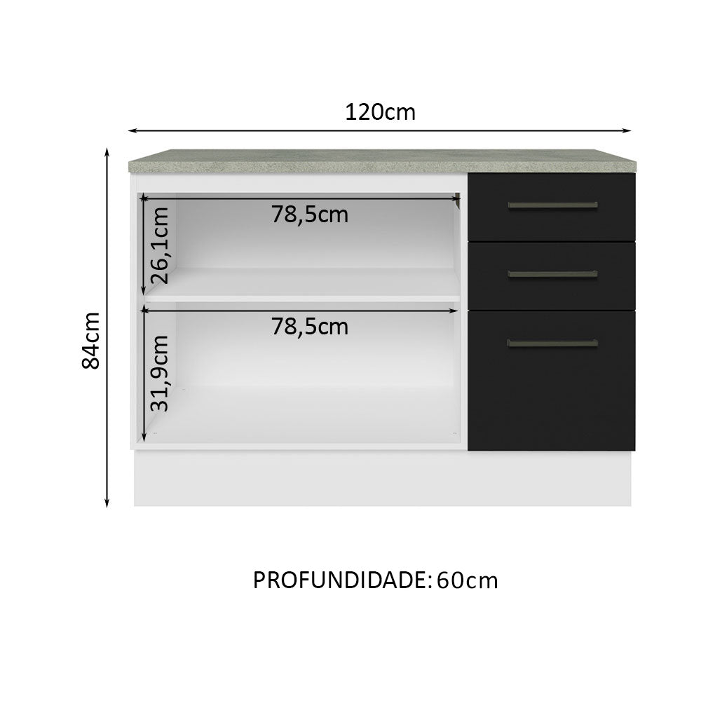 Balcão Cozinha 120 x 60 cm 2 Portas e 3 Gavetas (Com Tampo) Branco/Preto Agata Madesa