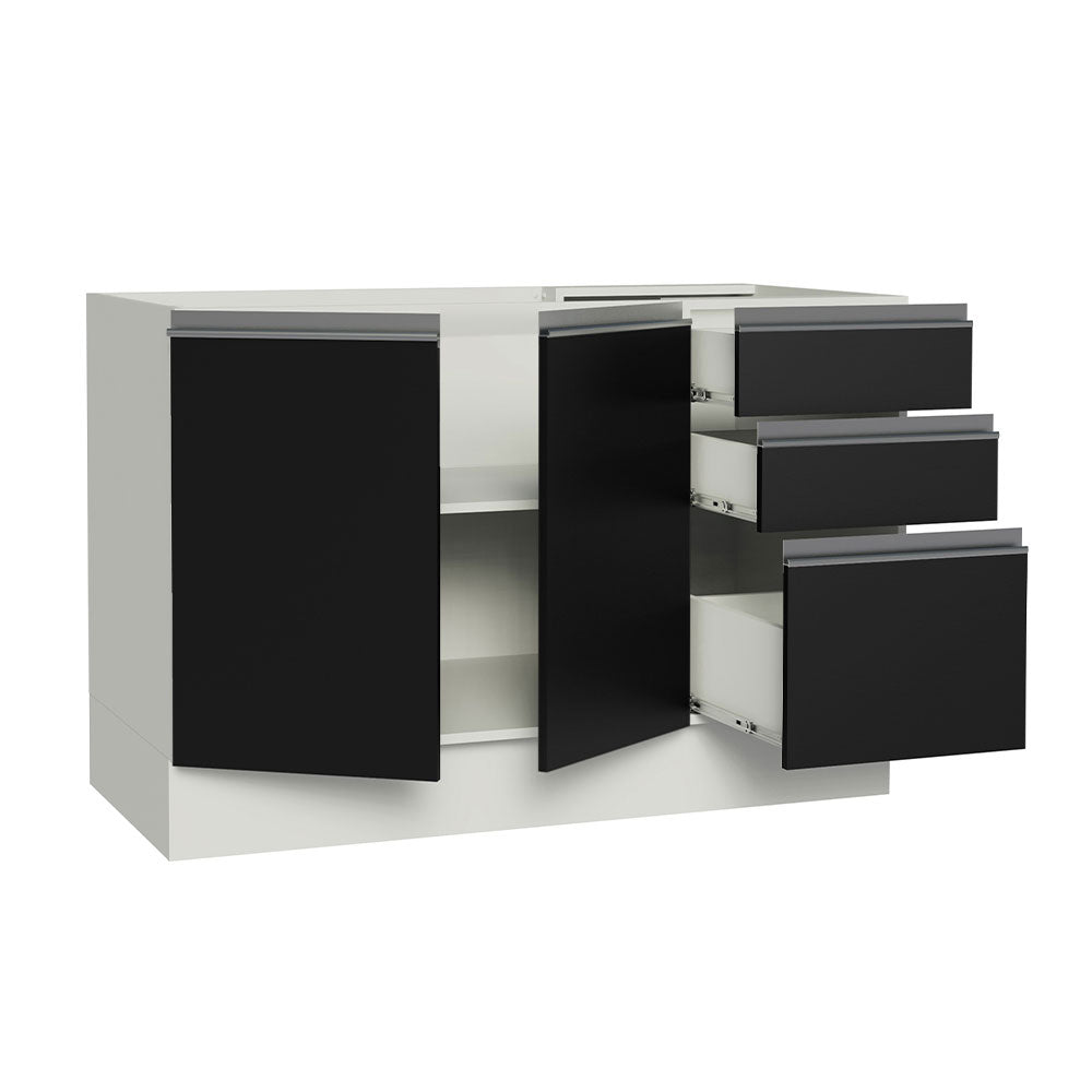 Balcão Gabinete de Pia Madesa Glamy 120 x 60 cm 2 Portas e 3 Gavetas (Sem Tampo) Branco/Preto