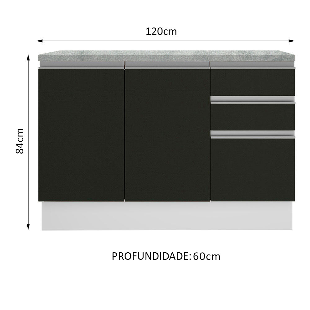 Balcão Cozinha 120 x 60 cm 2 Portas e 3 Gavetas (Com Tampo) Branco/Preto Glamy Madesa