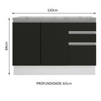 Balcão Cozinha 120 x 60 cm 2 Portas e 3 Gavetas (Com Tampo) Branco/Preto Glamy Madesa