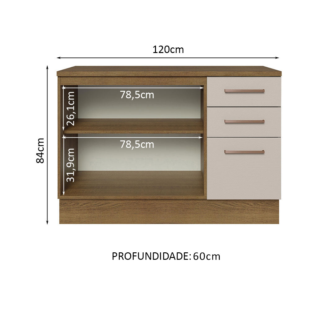 Balcão Cozinha 120 x 60 cm 2 Portas e 3 Gavetas (Com Tampo) Rustic/Crema Agata Madesa