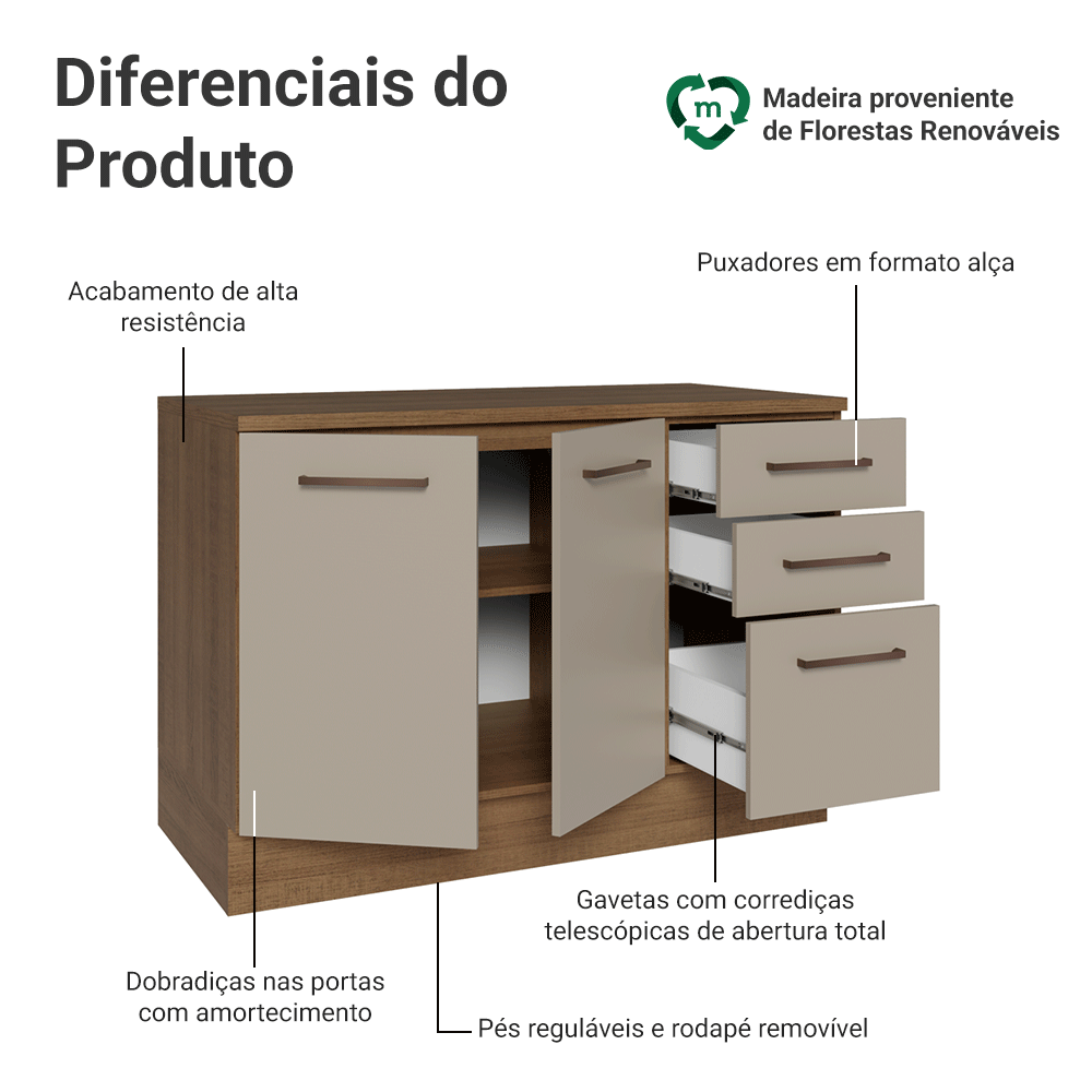 Balcão Cozinha 120 x 60 cm 2 Portas e 3 Gavetas (Com Tampo) Rustic/Crema Agata Madesa
