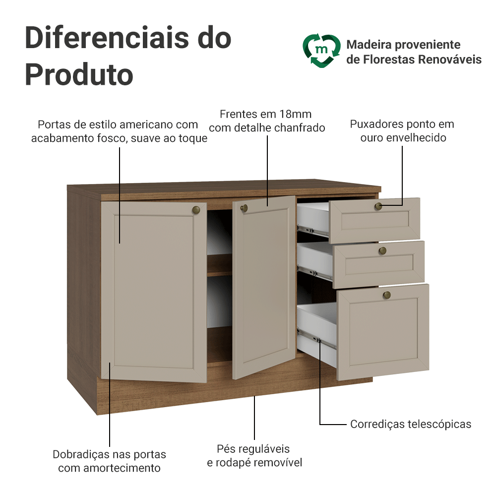 Balcão de Cozinha 120 x 60 cm 2 Portas 3 Gavetas (Com Tampo) Rustic/Crema Vik Madesa