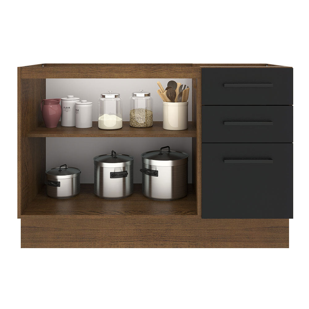 Balcão Gabinete de Pia Madesa Agata 120 x 60 cm 2 Portas e 3 Gavetas (Sem Tampo) Rustic/Preto