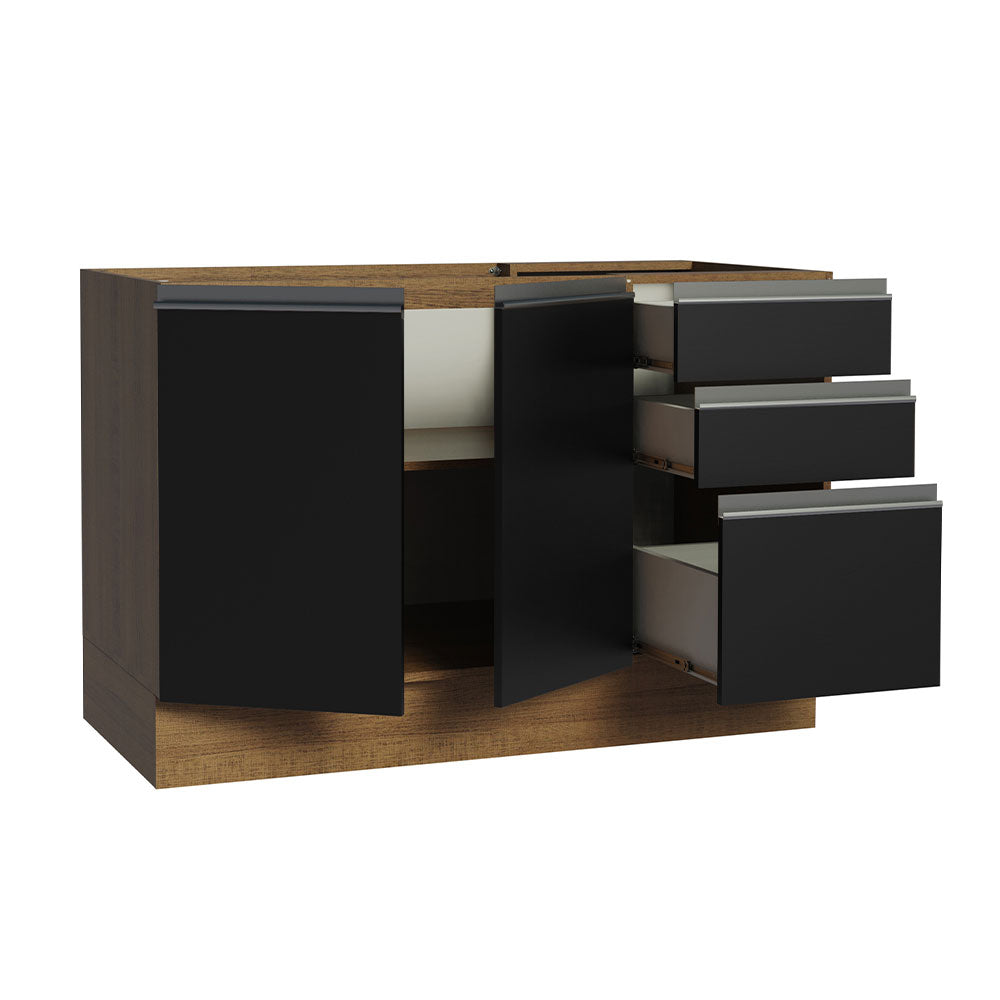 Balcão Gabinete de Pia Madesa Glamy 120 x 60 cm 2 Portas e 3 Gavetas (Sem Tampo) Rustic/Preto