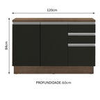 Balcão Cozinha 120 x 60 cm 2 Portas e 3 Gavetas (Com Tampo) Rustic/Preto Glamy Madesa