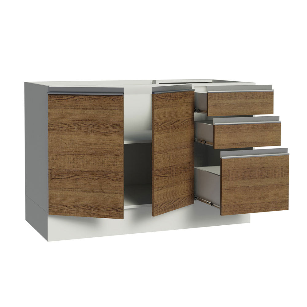 Balcão Gabinete de Pia Madesa Glamy 120 x 60 cm 2 Portas e 3 Gavetas (Sem Tampo) Branco/Rustic