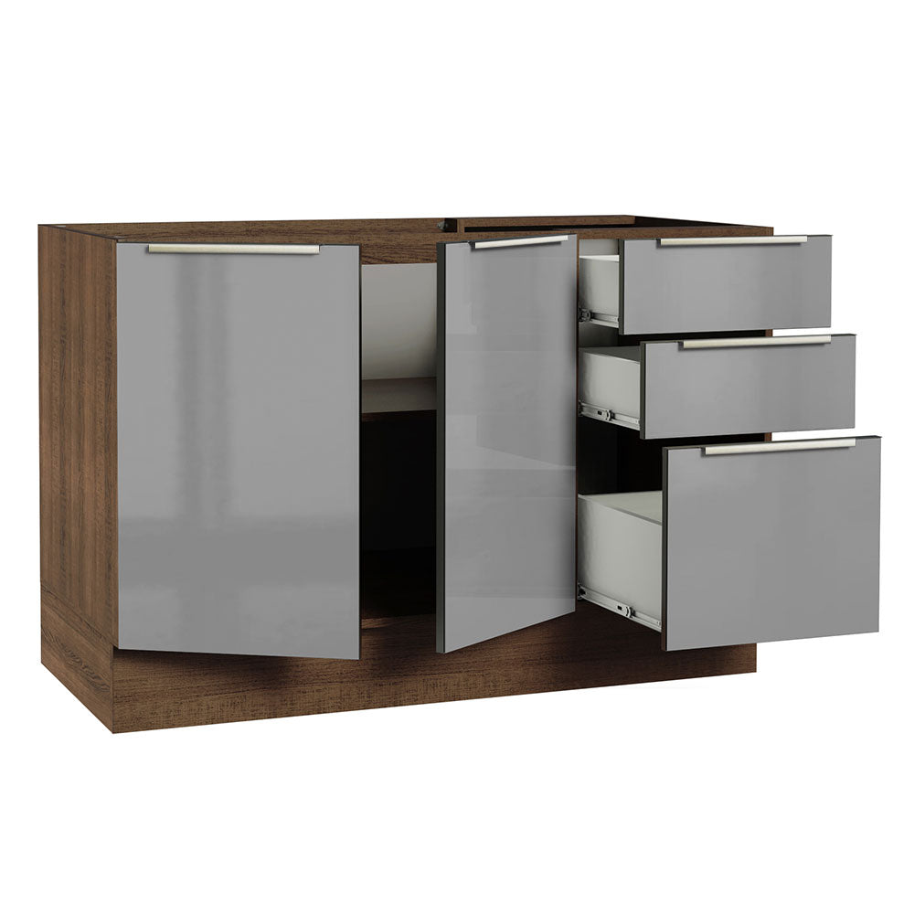 Balcão Gabinete de Pia 120 cm 2 Portas 3 Gavetas (Sem Tampo) Rustic/Cinza Lux Madesa