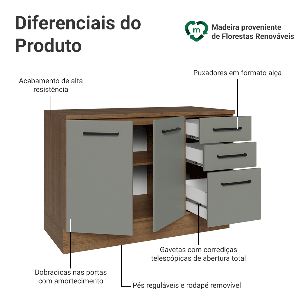 Balcão Cozinha 120 x 60 cm 2 Portas e 3 Gavetas (Com Tampo) Rustic/Cinza Agata Madesa