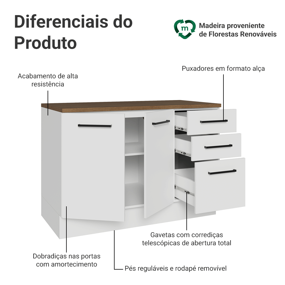 Balcão de Cozinha 120 x 60 cm 2 Portas 3 Gavetas Branco Tampo Rustic Agata Madesa