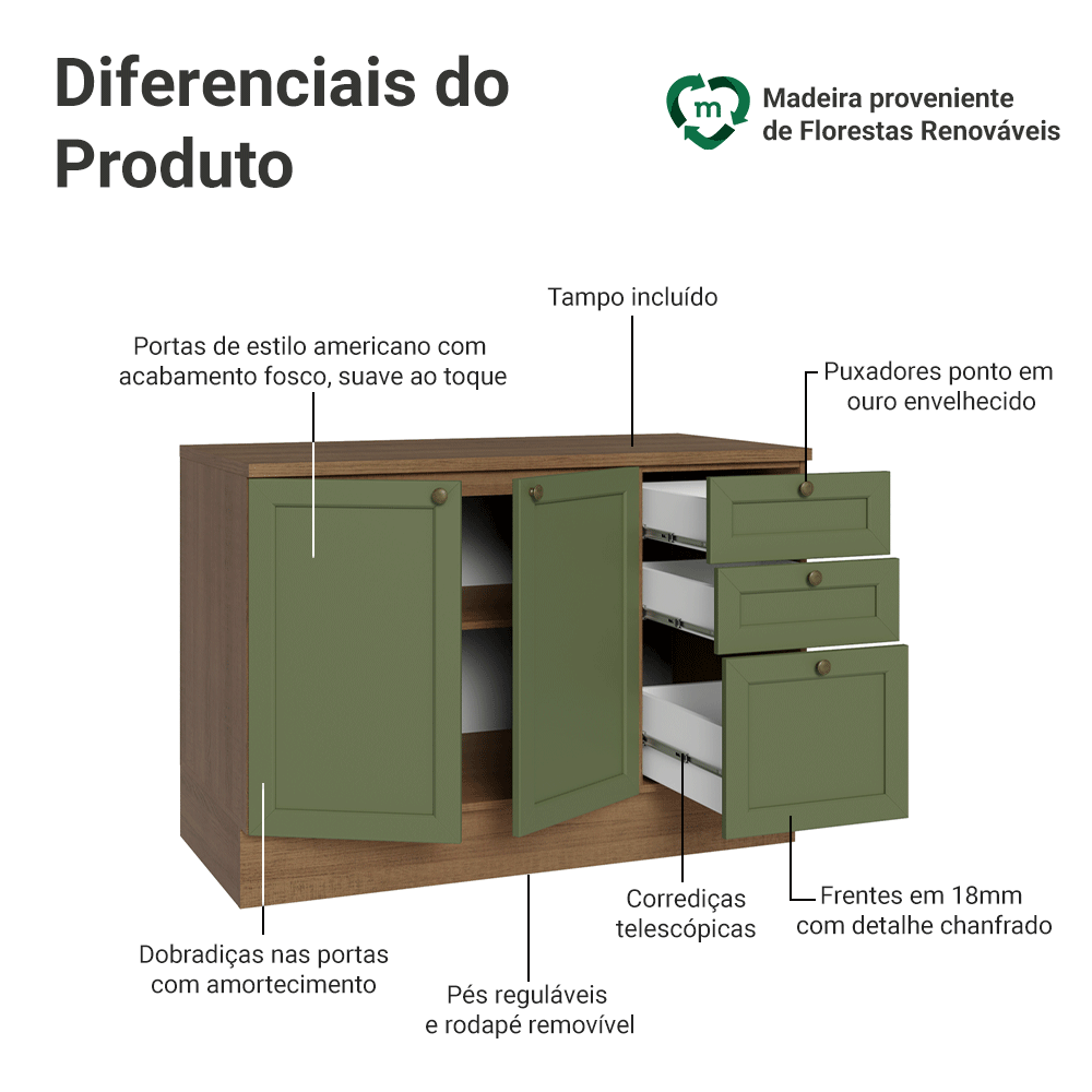 Balcão de Cozinha 120 x 60 cm 2 Portas 3 Gavetas (Com Tampo) Rustic/Verde Vik Madesa