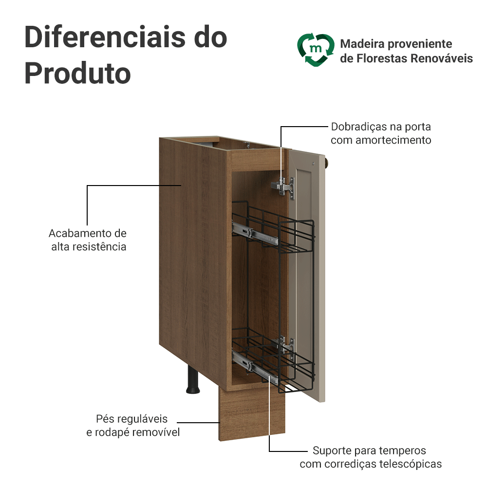Balcão Porta-Temperos 20x60 cm 1 Porta (Sem Tampo) Rustic/Crema Vik Madesa