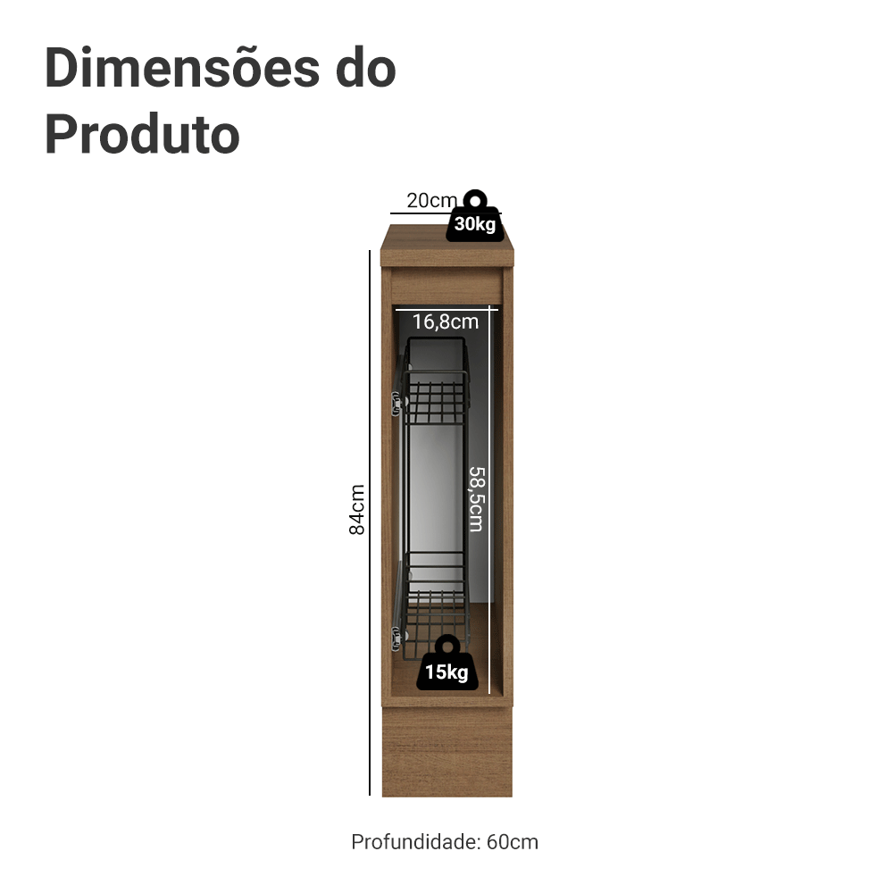 Balcão Porta-Temperos 20 x 60 cm 1 Porta (Com Tampo) Rustic/Cinza Lux Madesa