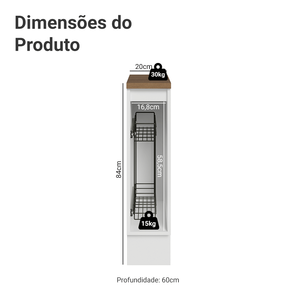 Balcão Porta-Temperos 20x60 cm 1 Porta (Com Tampo) Branco/Rustic Vik Madesa