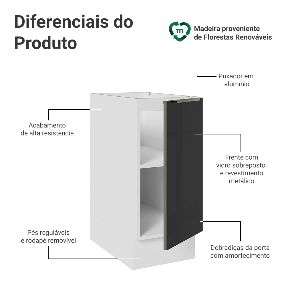 Balcão de Cozinha 35 x 60 cm 1 Porta (Sem Tampo) Branco/Preto Lux Madesa