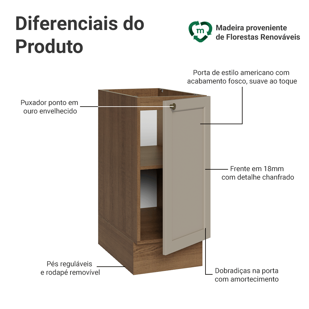 Balcão de Cozinha 35 x 60 cm 1 Porta (Sem Tampo) Rustic/Crema Vik Madesa