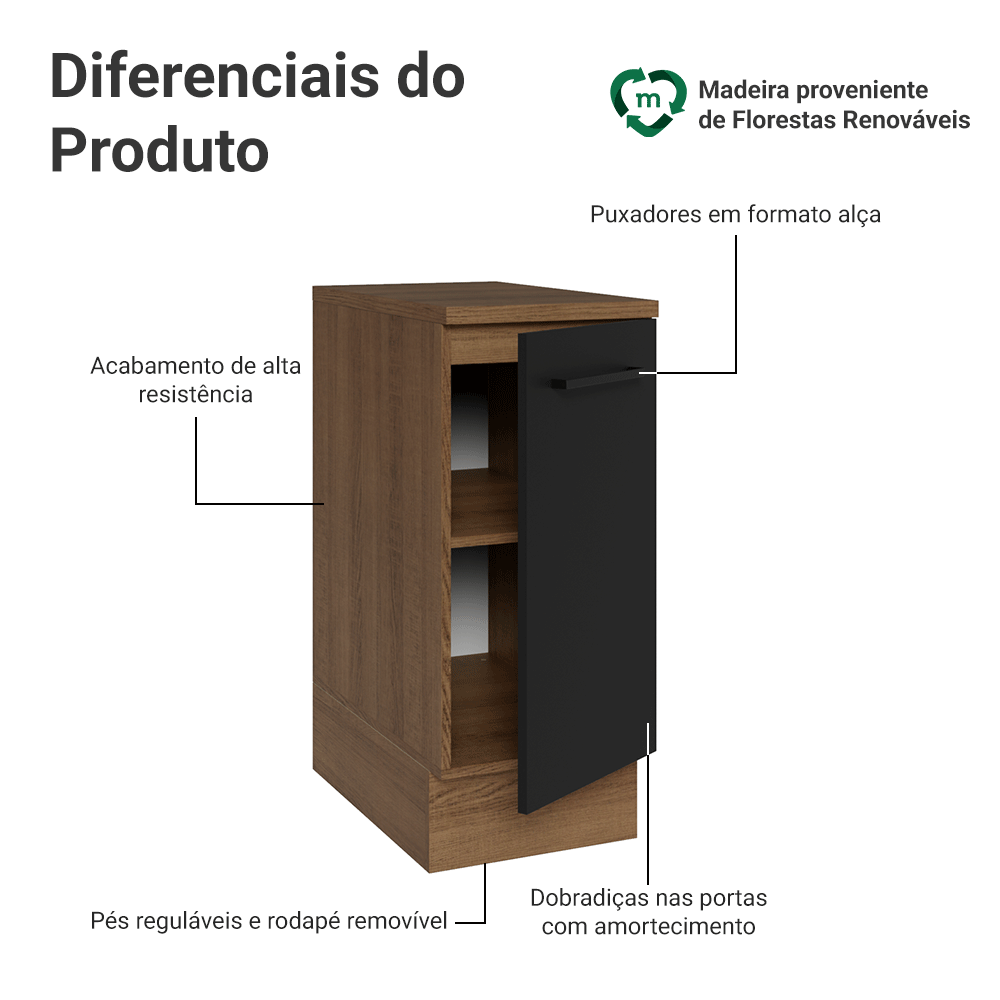 Balcão Madesa Agata 35 x 60 cm 1 Porta (Com Tampo) Rustic/Preto