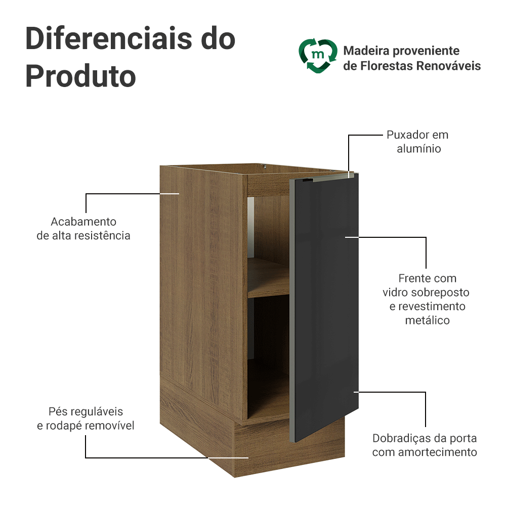 Balcão de Cozinha 35 x 60 cm 1 Porta (Sem Tampo) Rustic/Preto Lux Madesa