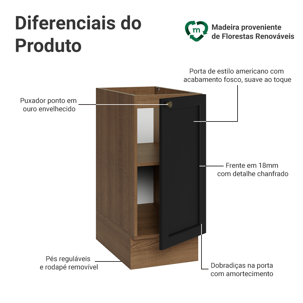Balcão de Cozinha 35 x 60 cm 1 Porta (Sem Tampo) Rustic/Preto Vik Madesa
