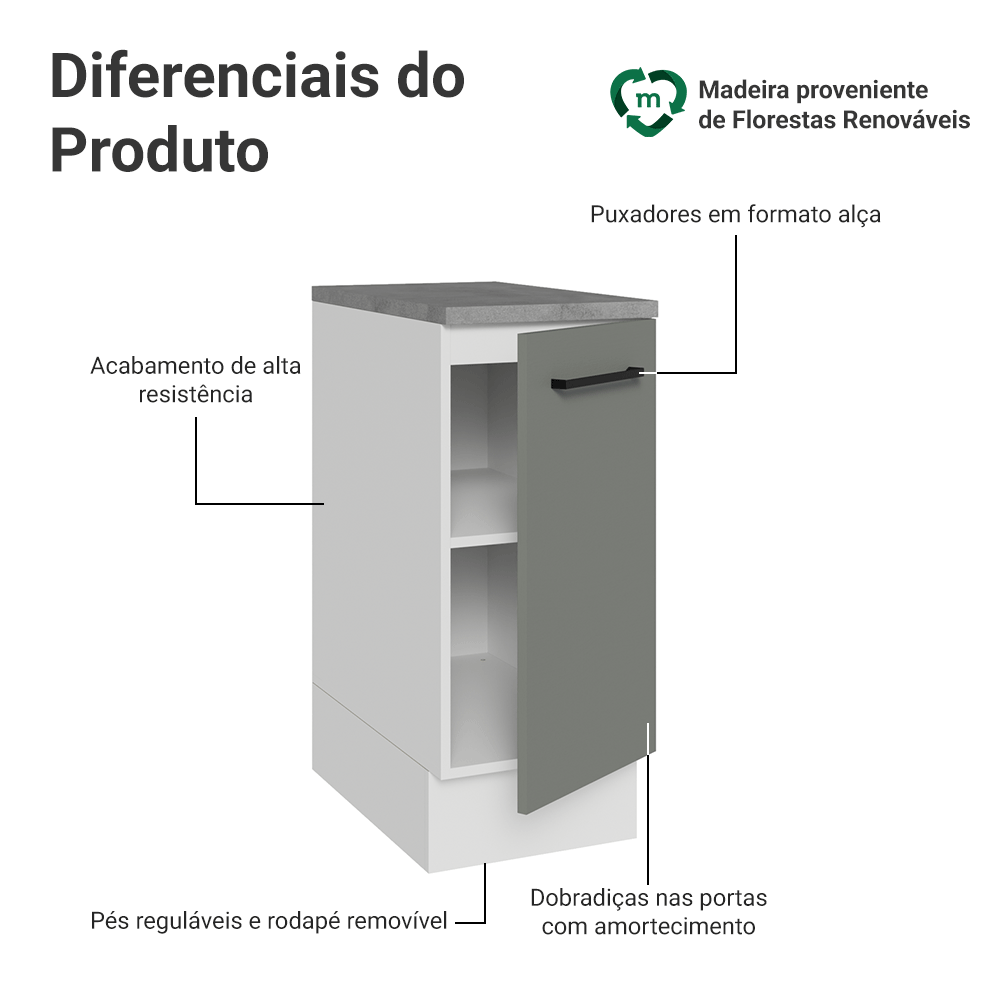 Balcão Madesa Agata 35 x 60 cm 1 Porta (Com Tampo) Branco/Cinza