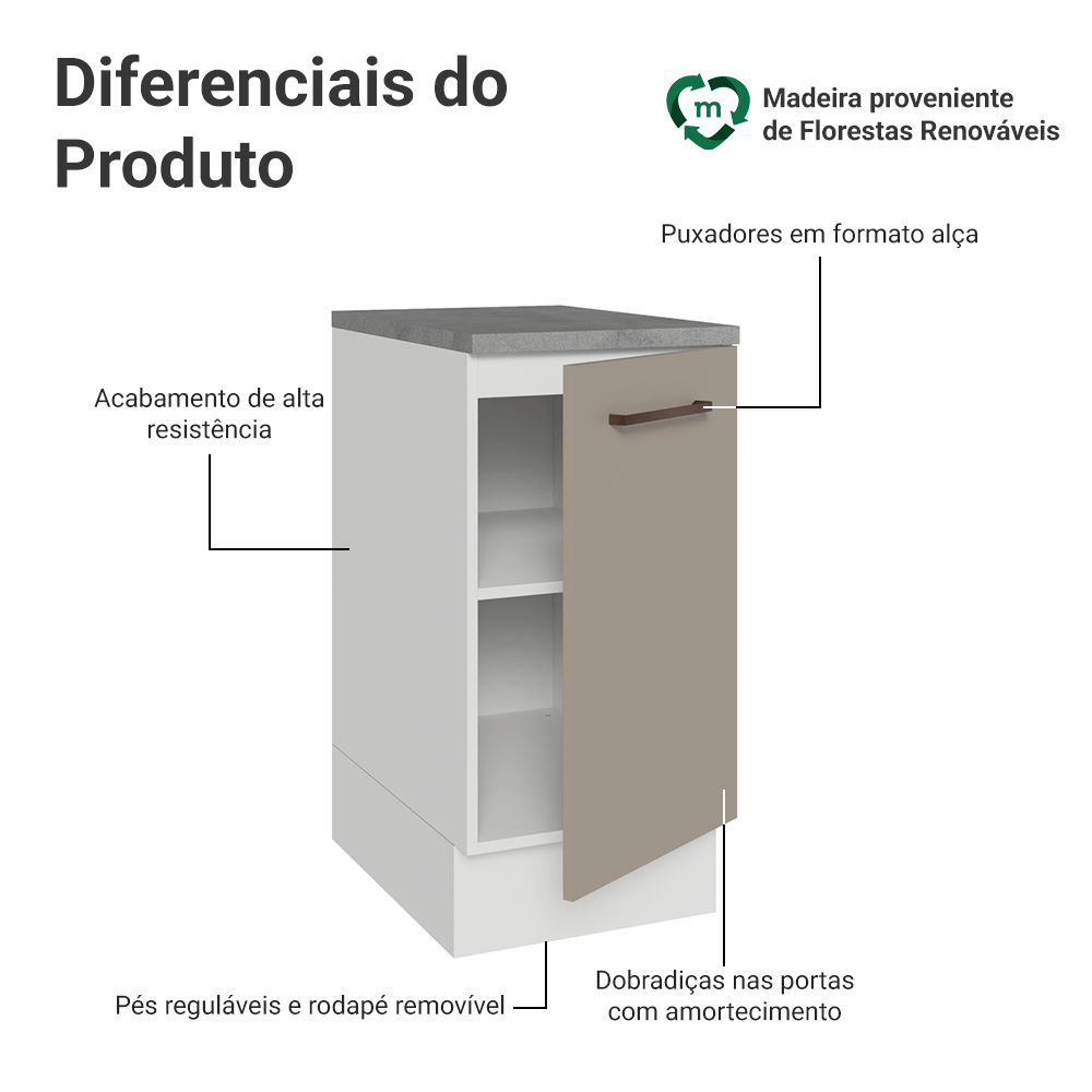 Balcão 40 x 60 cm 1 Porta (Com Tampo) Branco/Crema Agata Madesa