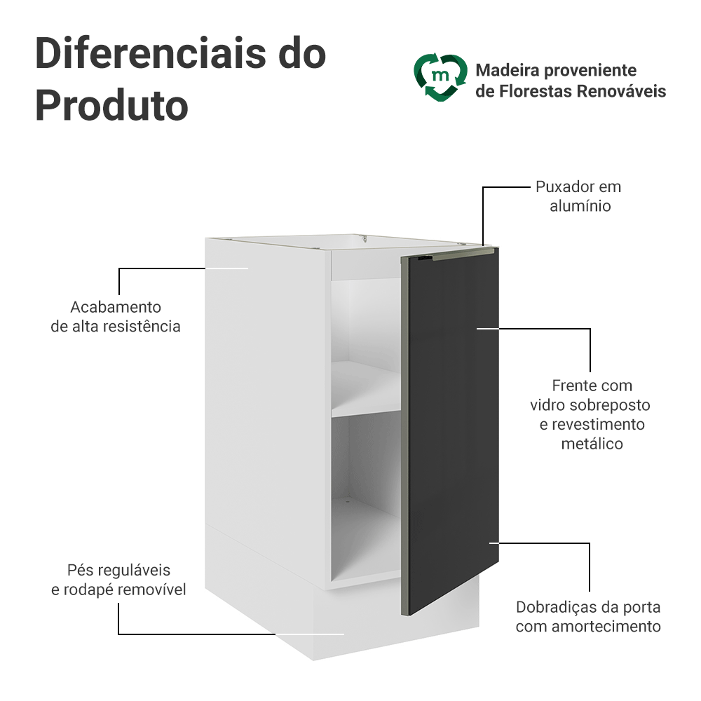 Balcão de Cozinha 40 x 60 cm 1 Porta (Sem Tampo) Branco/Preto Lux Madesa
