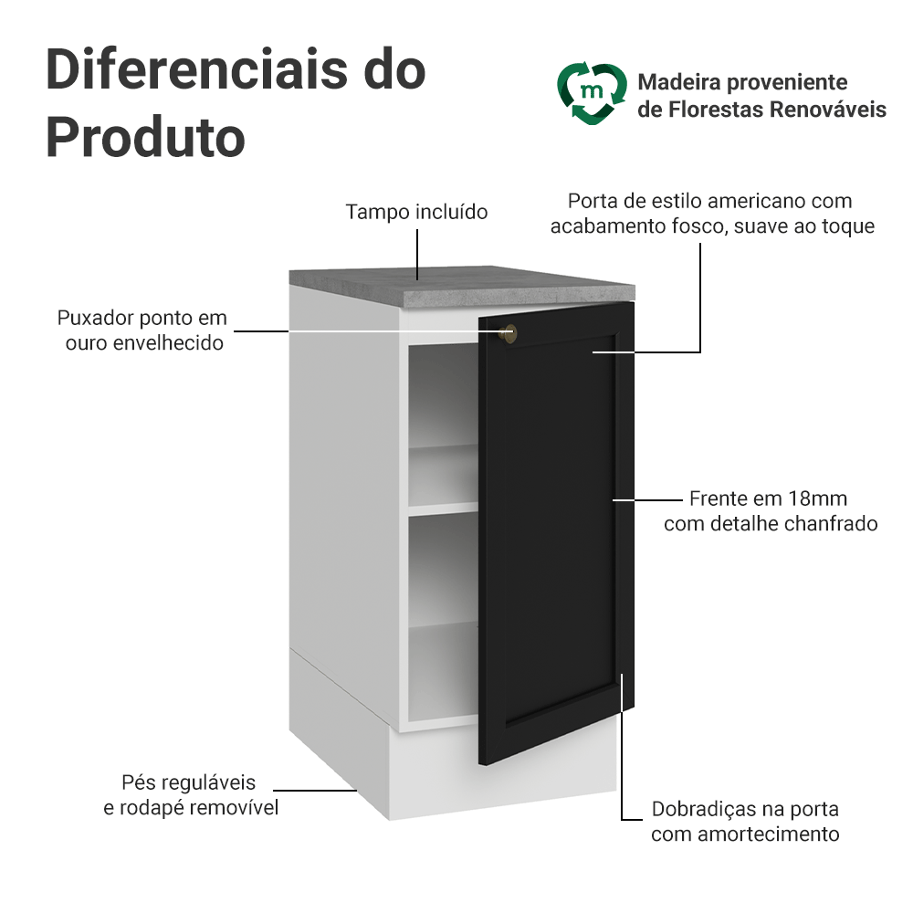 Balcão de Cozinha 40 x 60 cm 1 Porta (Com Tampo) Branco/Preto Vik Madesa