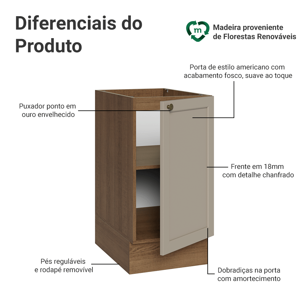 Balcão de Cozinha 40 x 60 cm 1 Porta (Sem Tampo) Rustic/Crema Vik Madesa