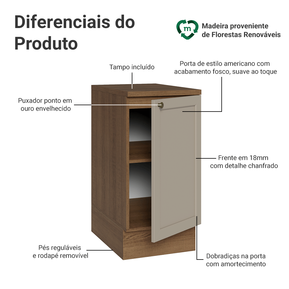 Balcão de Cozinha 40 x 60 cm 1 Porta (Com Tampo) Rustic/Crema Vik Madesa