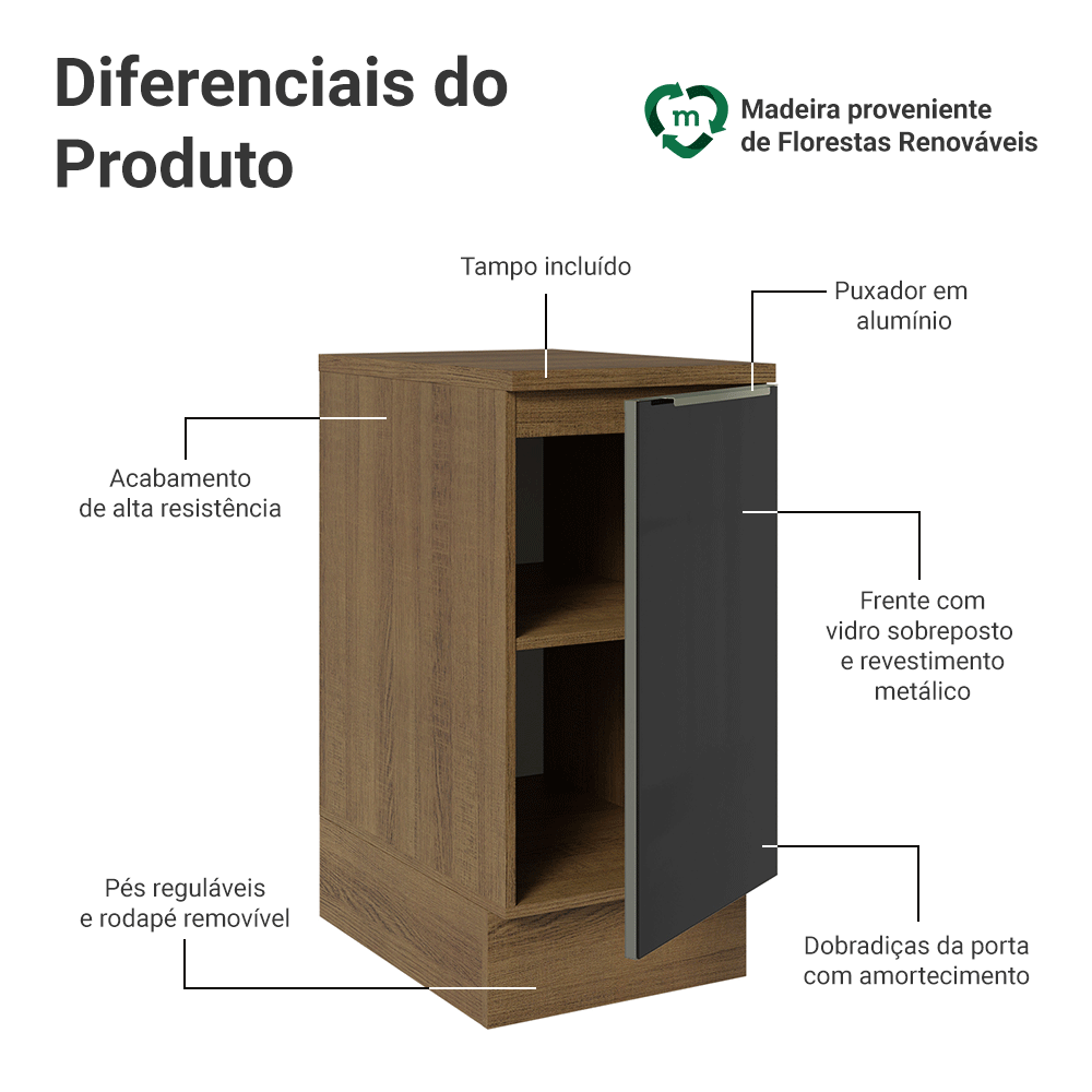 Balcão 40 x 60 cm 1 Porta (Com Tampo) Rustic/Preto Lux Madesa