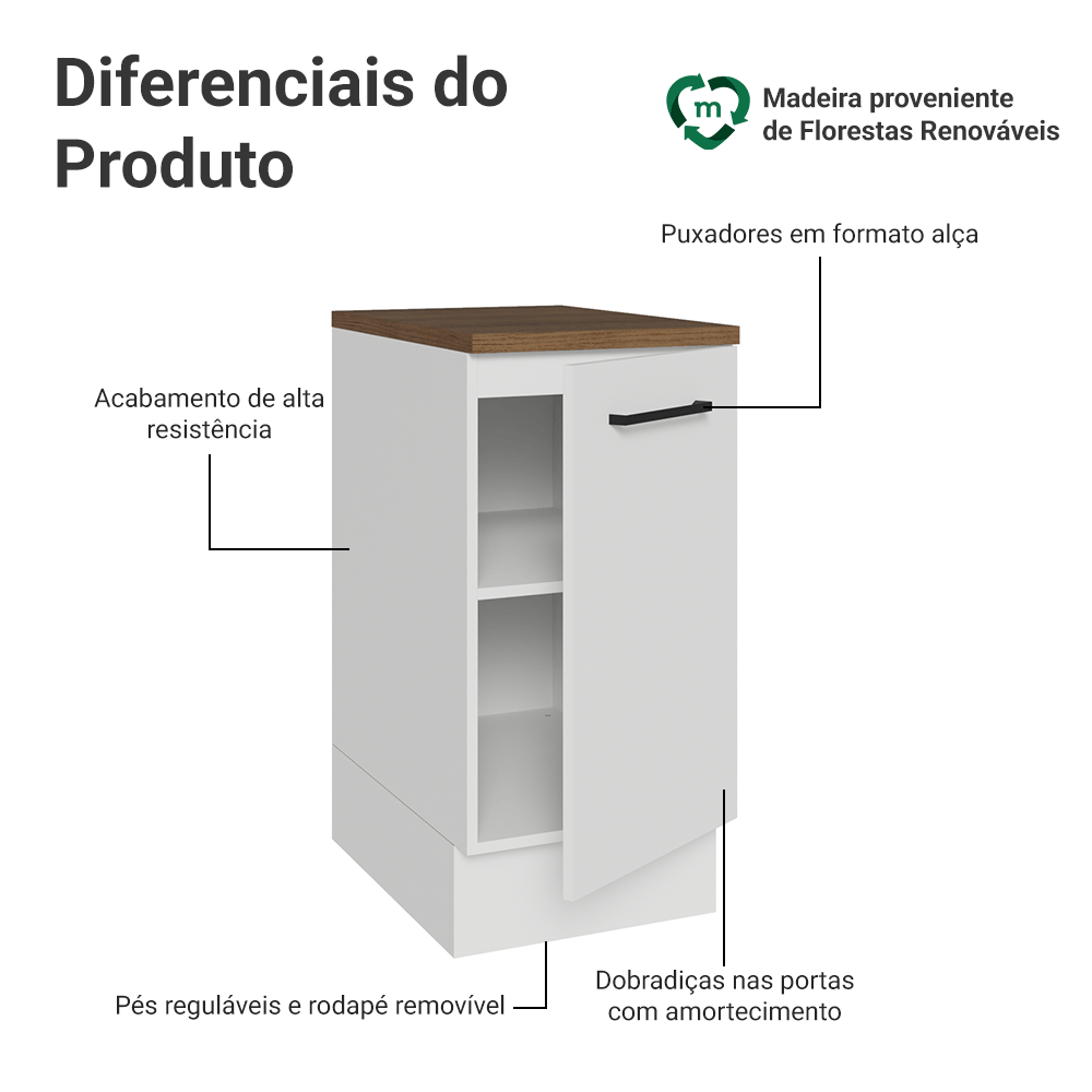 Balcão de Cozinha 40 x 60 cm 1 Porta Branco Tampo Rustic Agata Madesa