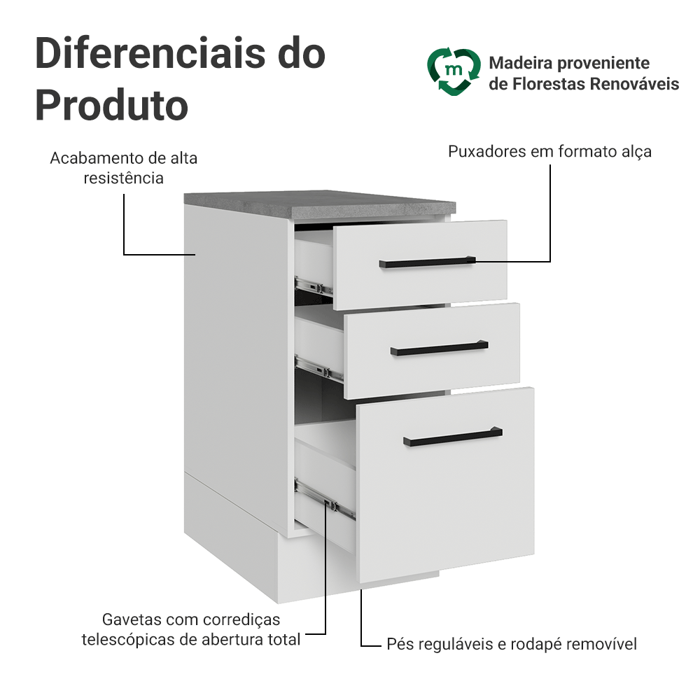 Balcão Madesa Agata 40 x 60 cm 3 Gavetas (Com Tampo) Branco