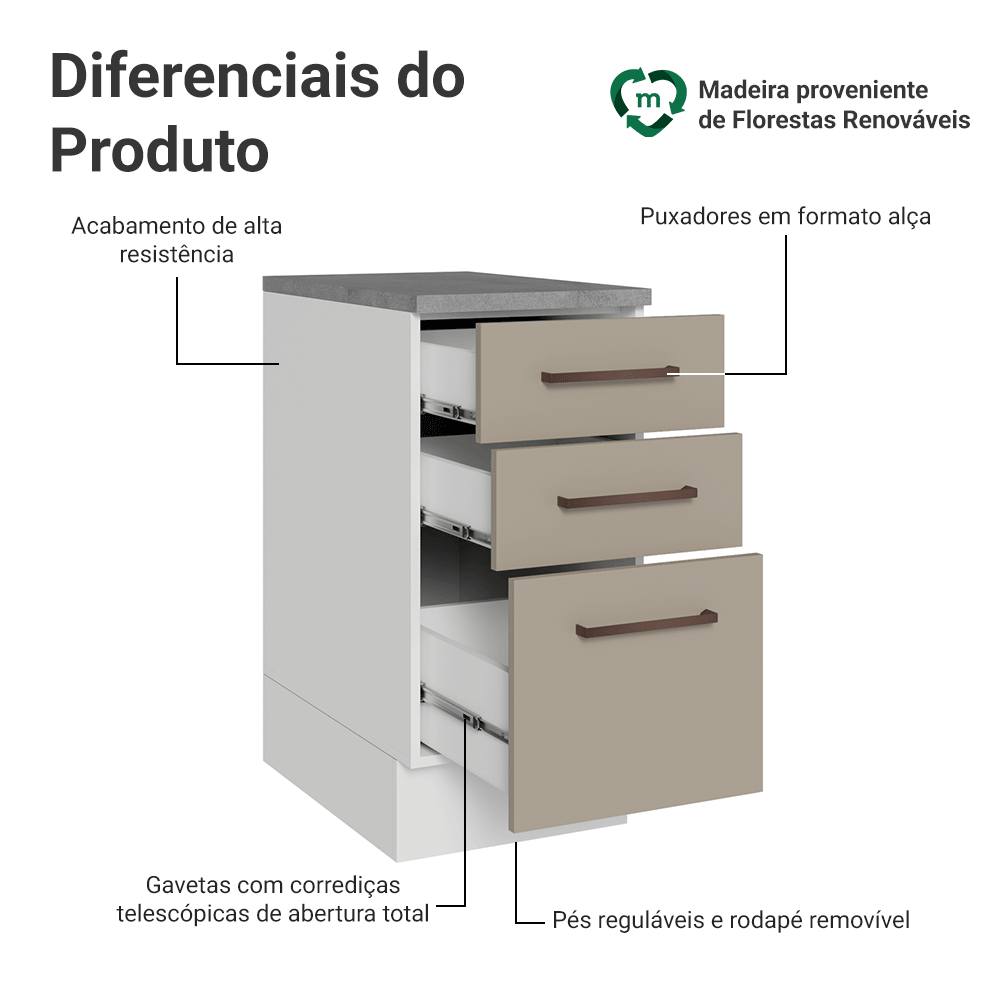 Balcão 40 x 60 cm 3 Gavetas (Com Tampo) Branco/Crema Agata Madesa