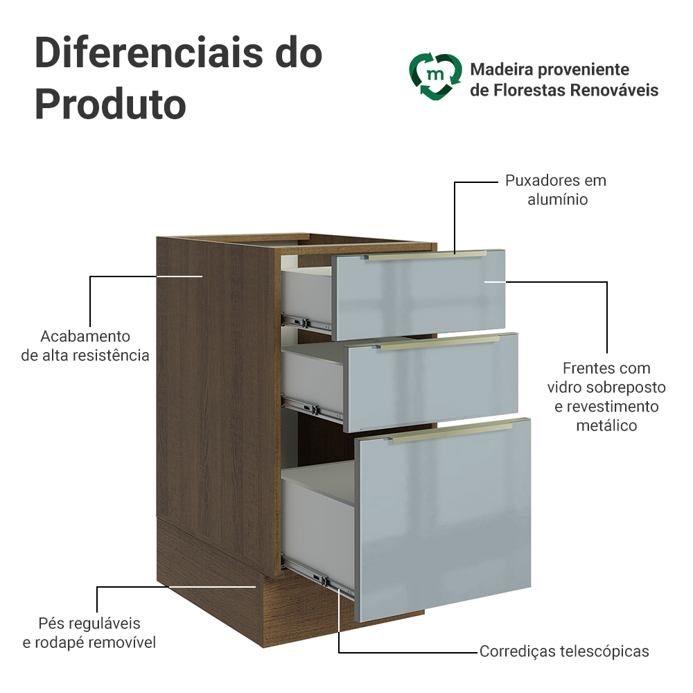 Balcão de Cozinha 40 x 60 cm 3 Gavetas (Sem Tampo) Rustic/Cinza Lux Madesa